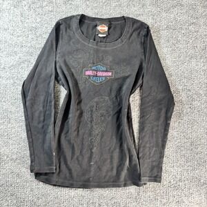 Harley-Davidson Shirt Womens Small Black Long Sleeve Wings Graphic Tee Biker